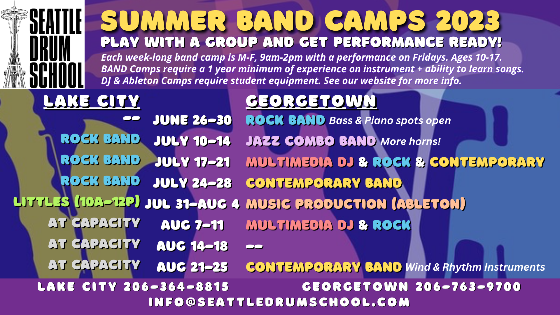 Summer Music Camps 2023 at Seattle Drum School of Music, Lake City & Georgetown!